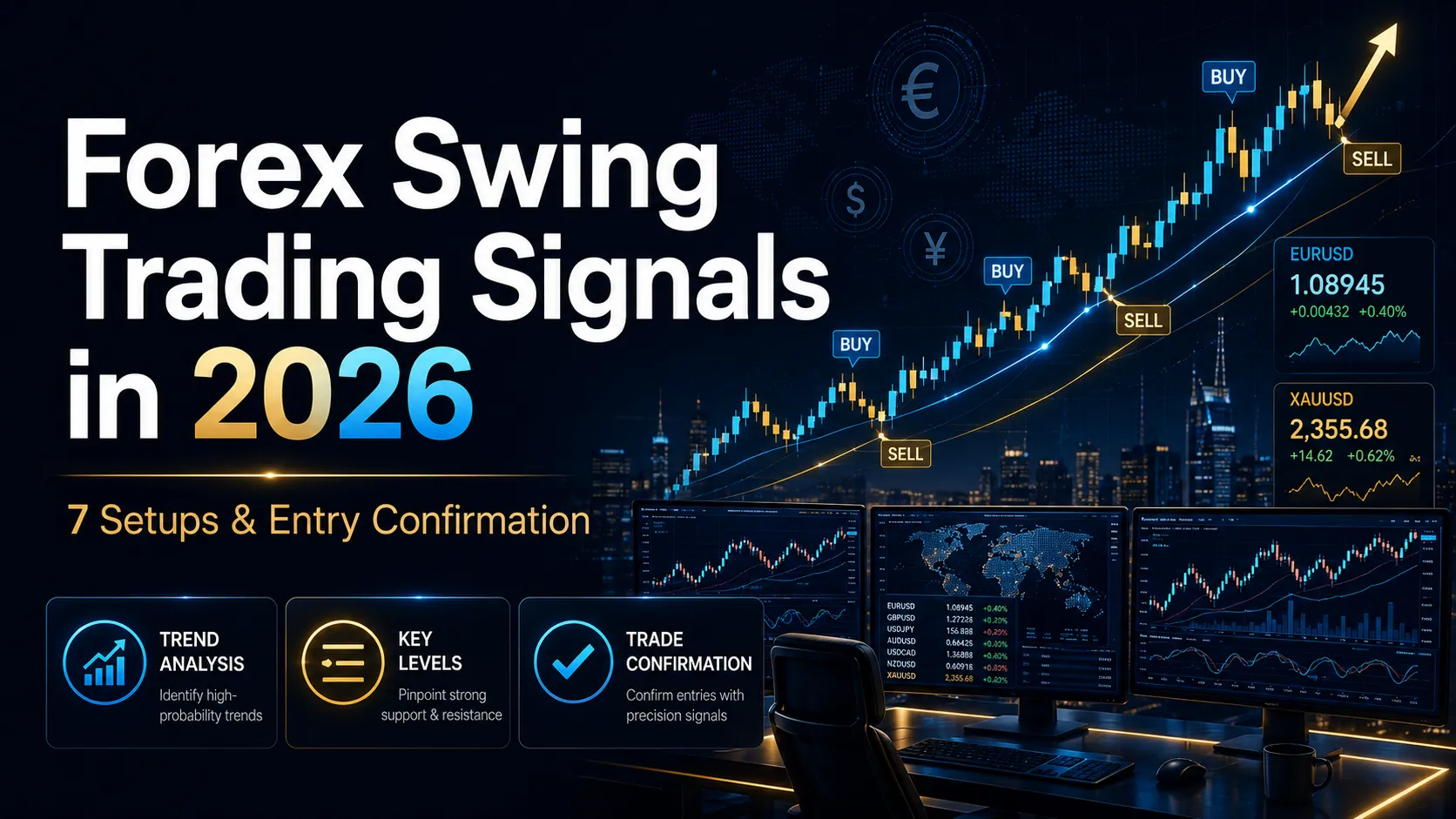 Forex swing trading signals in 2026 with candlestick charts, buy and sell signals, XAUUSD, trend analysis, key levels and trade confirmation.