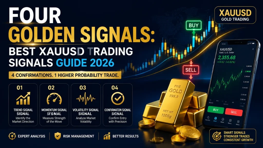 Four golden signals for XAUUSD trading showing gold market analysis, trading indicators, and buy sell signals on a gold price chart