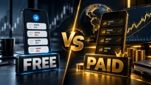 Free vs paid forex signals comparison showing trading signal alerts, forex charts, and free and premium signal options.
