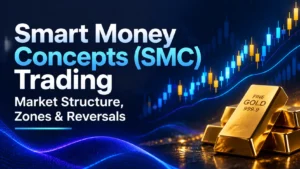 SMC trading chart showing market structure, order blocks, fair value gap and a smart money zone on XAUUSD