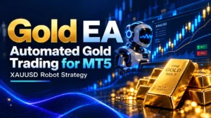 Gold EA automated trading robot for MetaTrader 5 with XAUUSD chart, gold bars, and AI-powered trading strategy